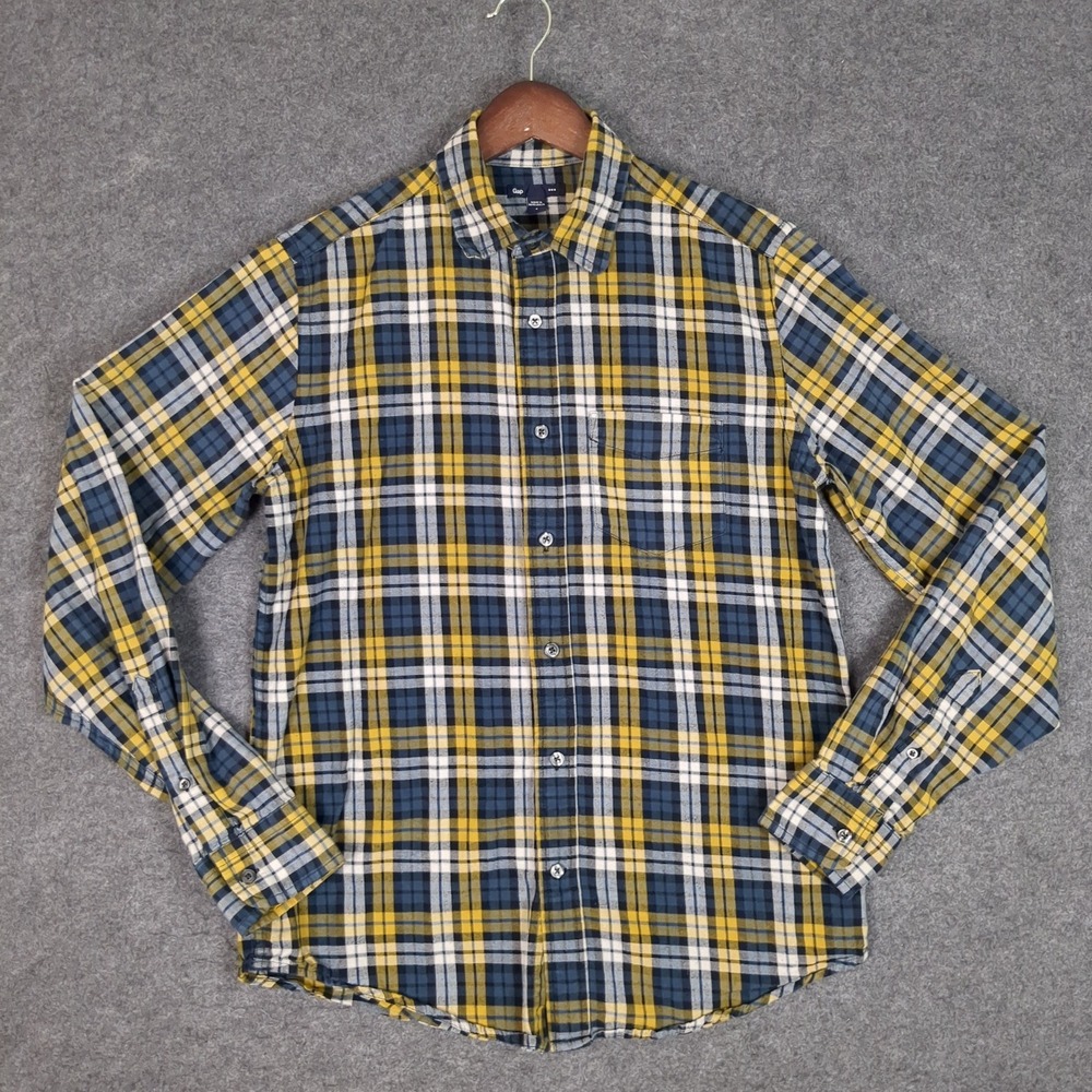 Gap Mens Plaid‎ Flannel Button Down Shirt Blue Yellow White Small Long Sleeve - Picture 2 of 11